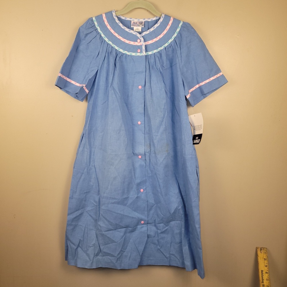 Vintage All Day Cafe Dress Blue Pink Trim Button Front House Dress USA‎ Large...
